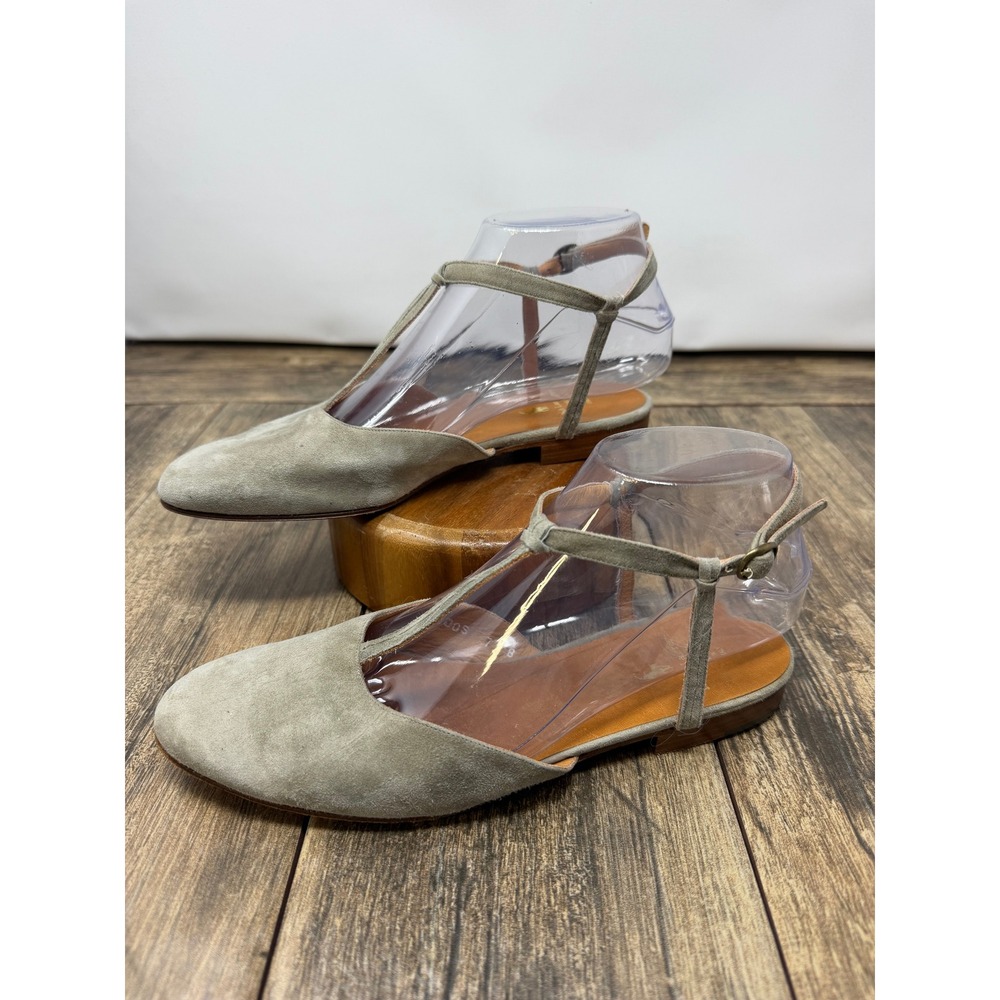 Ralph Lauren Collection Suede T-Strap Flats Sage Green Made in Italy 7B 41000S
